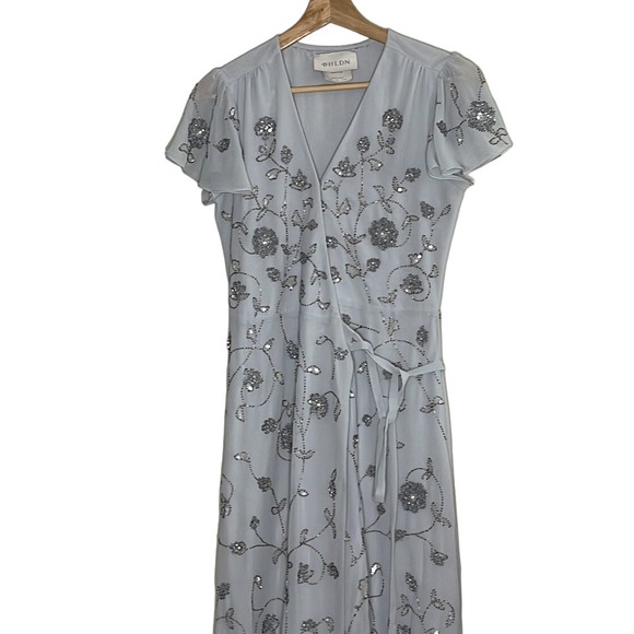 BHLDN (Anthropologie) Plymouth Beaded Sequin Wrap‎ Dress Fog  Size 4 - Picture 3 of 9